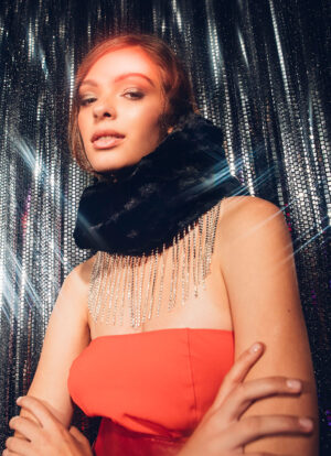 RHINESTONE FRINGED SNOOD WITH ECO FUR